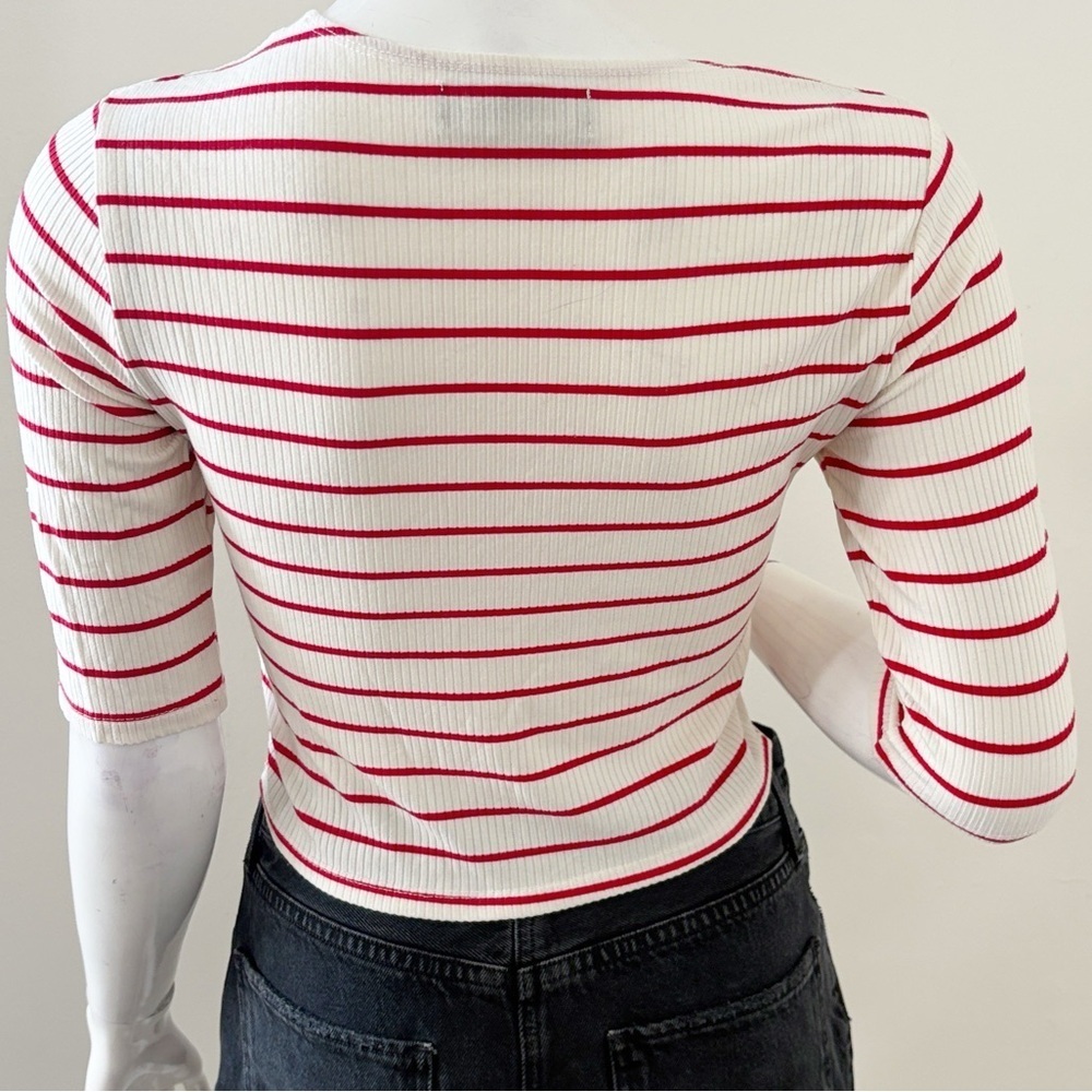 Reformation Red & Off White Striped Short Sleeve Ribbed Fitted Cropped T-shirt - Picture 2 of 4